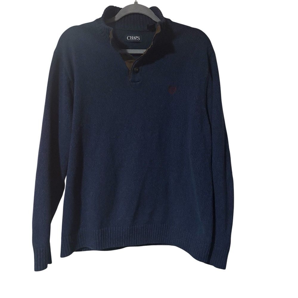 Chaps Pullover Sweater Long sleeve 1/4 Button Elbow Suede Patch Preppy Grandpa L - Picture 1 of 6